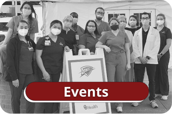Black and white image of students, faculty, and staff wearing face masks gathered for a vaccination event at an OKC Thunder game. Title on image says "Events".